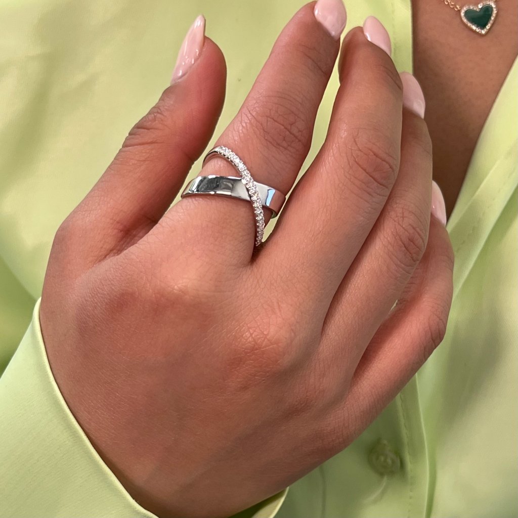 Rachel Koen Pave Diamond X Ring Band 14k White Gold 0.19cttw Size 7